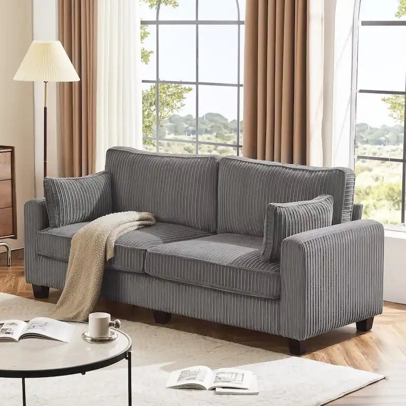 Beige / Yellow / Dark Grey / Dark Blue Corduroy 3-Seater Sofa with Wood Legs