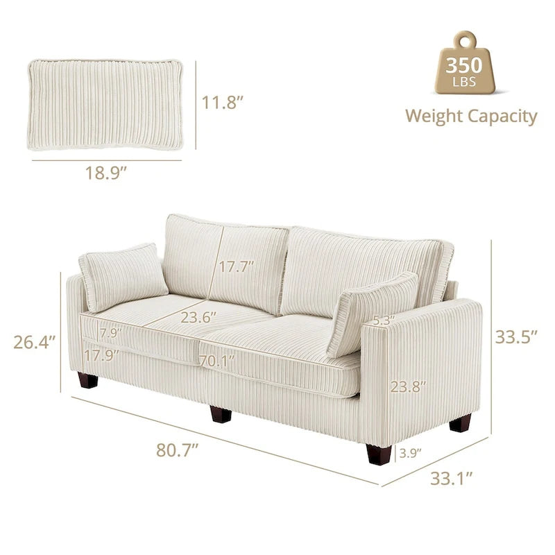 Beige / Yellow / Dark Grey / Dark Blue Corduroy 3-Seater Sofa with Wood Legs