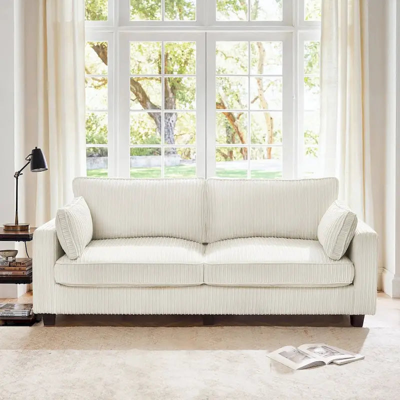 Beige / Yellow / Dark Grey / Dark Blue Corduroy 3-Seater Sofa with Wood Legs