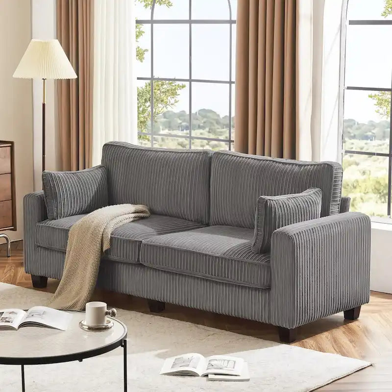 Beige / Yellow / Dark Grey / Dark Blue Corduroy 3-Seater Sofa with Wood Legs