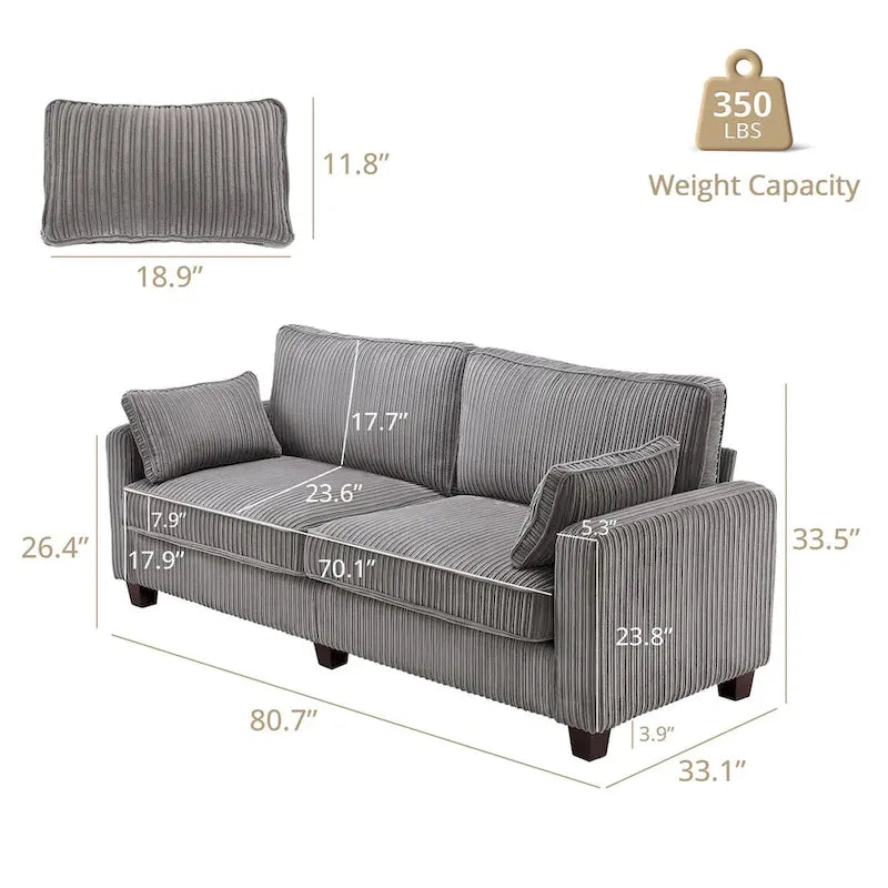 Beige / Yellow / Dark Grey / Dark Blue Corduroy 3-Seater Sofa with Wood Legs