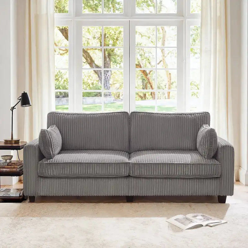 Beige / Yellow / Dark Grey / Dark Blue Corduroy 3-Seater Sofa with Wood Legs