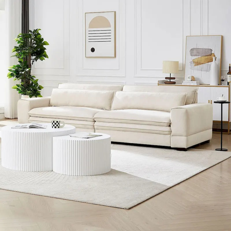 104 in Mid-Century Modern Fabric Sofa, Upholstered Sofa Couch with 2 Pillows, Solid Wood Legs