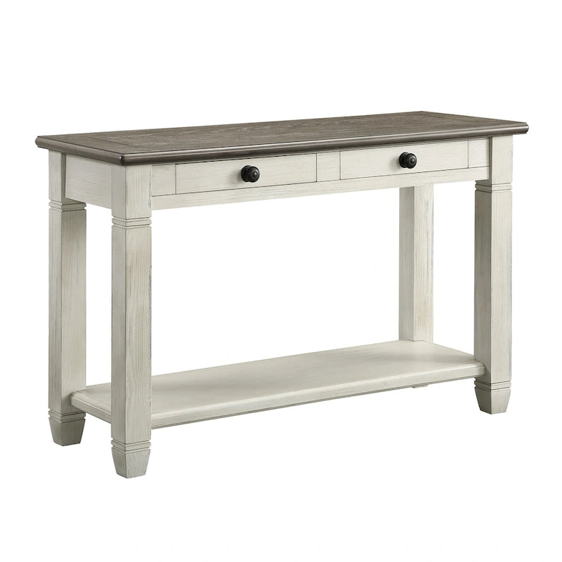 Rome 48 Inch Sofa Table, Rectangular, 2 Drawers, White, Brown, Solid Wood