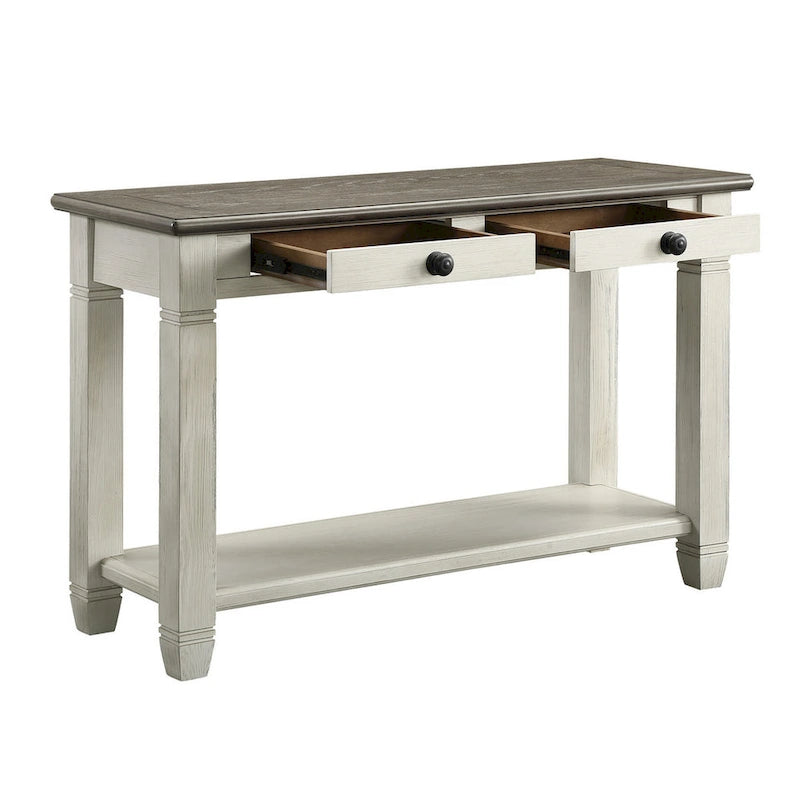 Rome 48 Inch Sofa Table, Rectangular, 2 Drawers, White, Brown, Solid Wood