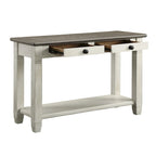 Rome 48 Inch Sofa Table, Rectangular, 2 Drawers, White, Brown, Solid Wood