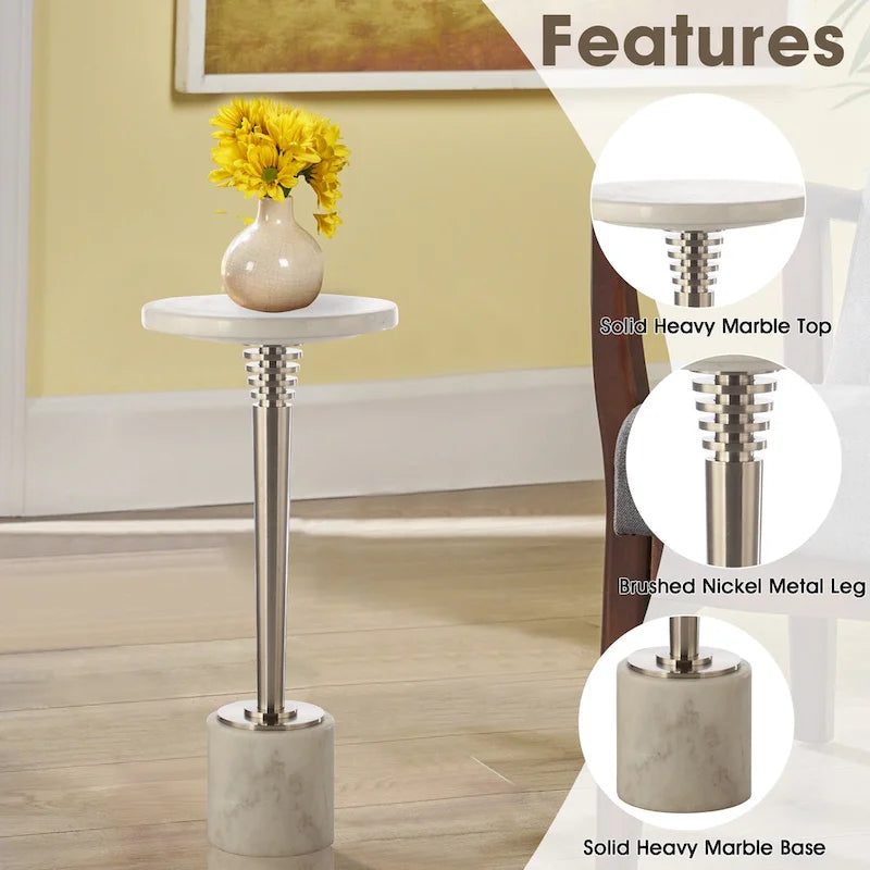 Contemporary Marble Pedestal Drink Table Round Accent Table