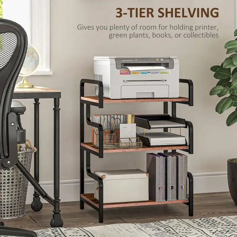 HOMCOM 3-Tier Printer Stand with Storage, Industrial Metal Printer Table for Home Office, Multi-purpose Rack Shelf