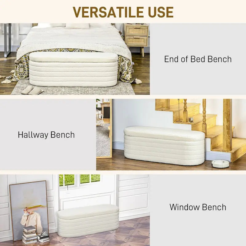 HOMCOM 46 Storage Ottoman Bench, Teddy Fleece Upholstered Boucle Storage Bench with Wood Frame, Bedroom Bench for Living Room