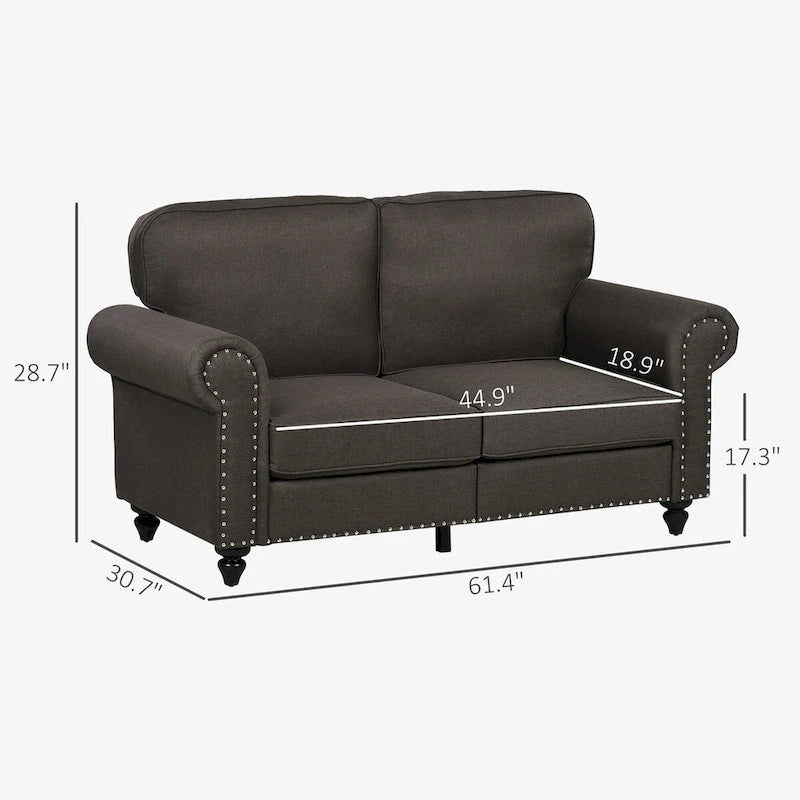 HOMCOM 61 Loveseat Sofa, Mid Century Modern 2 Seater Small Couch with Nailhead Trim, Rolled Arm, Fabric Upholstered Love Seat