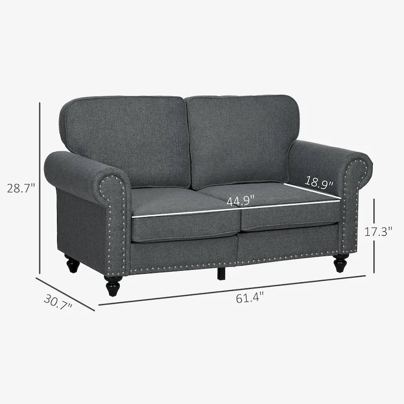 HOMCOM 61 Loveseat Sofa, Mid Century Modern 2 Seater Small Couch with Nailhead Trim, Rolled Arm, Fabric Upholstered Love Seat