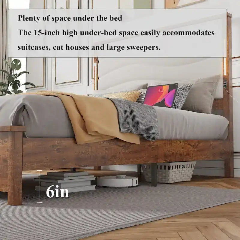King Size Bed Frame with Upholstered Headboard, Charging Station