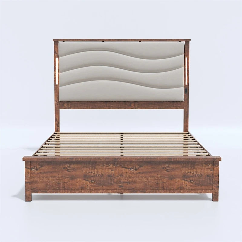 King Size Bed Frame with Upholstered Headboard, Charging Station